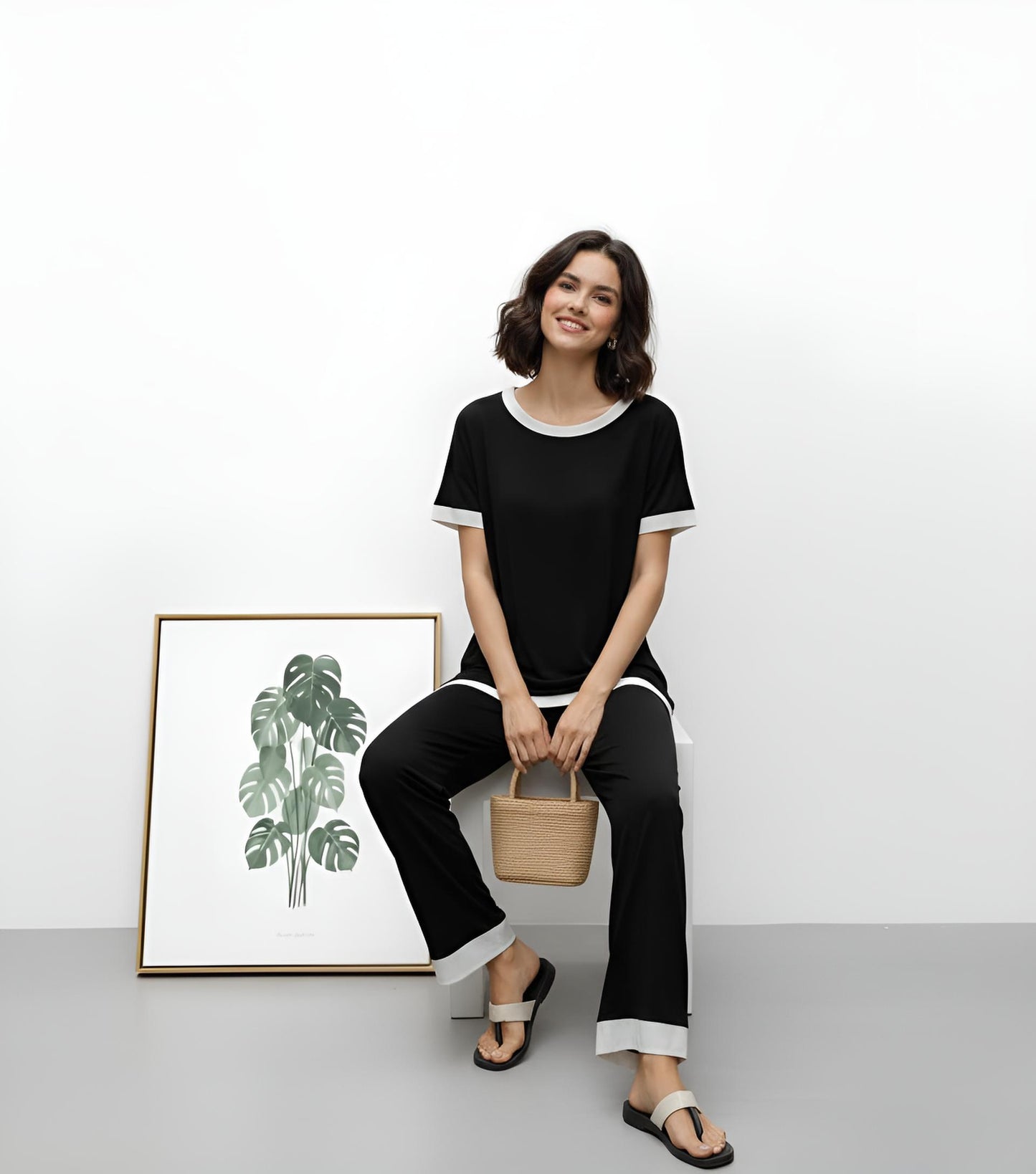 Half sleeves Black with White Round Neck Palazzo Pajama Set