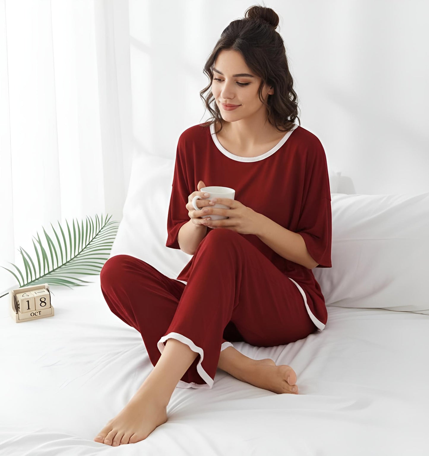 Half sleeves Maroon with White Round Neck Palazzo Pajama Set