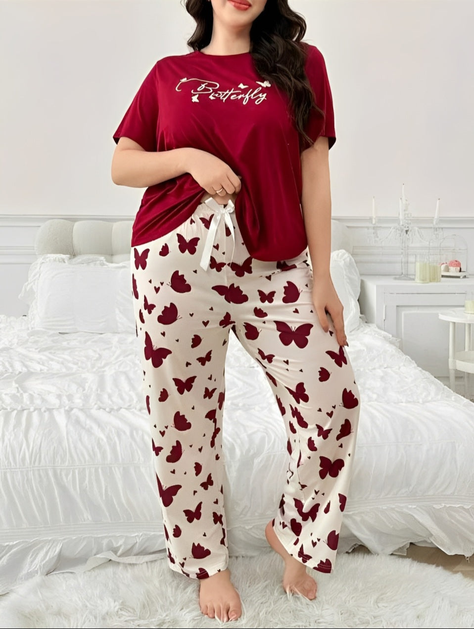 Red Butterfly Printed Pajama Set