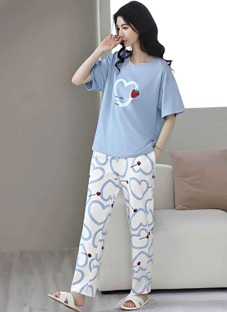Sky Blue Strawberry Heart Printed Pajama Set