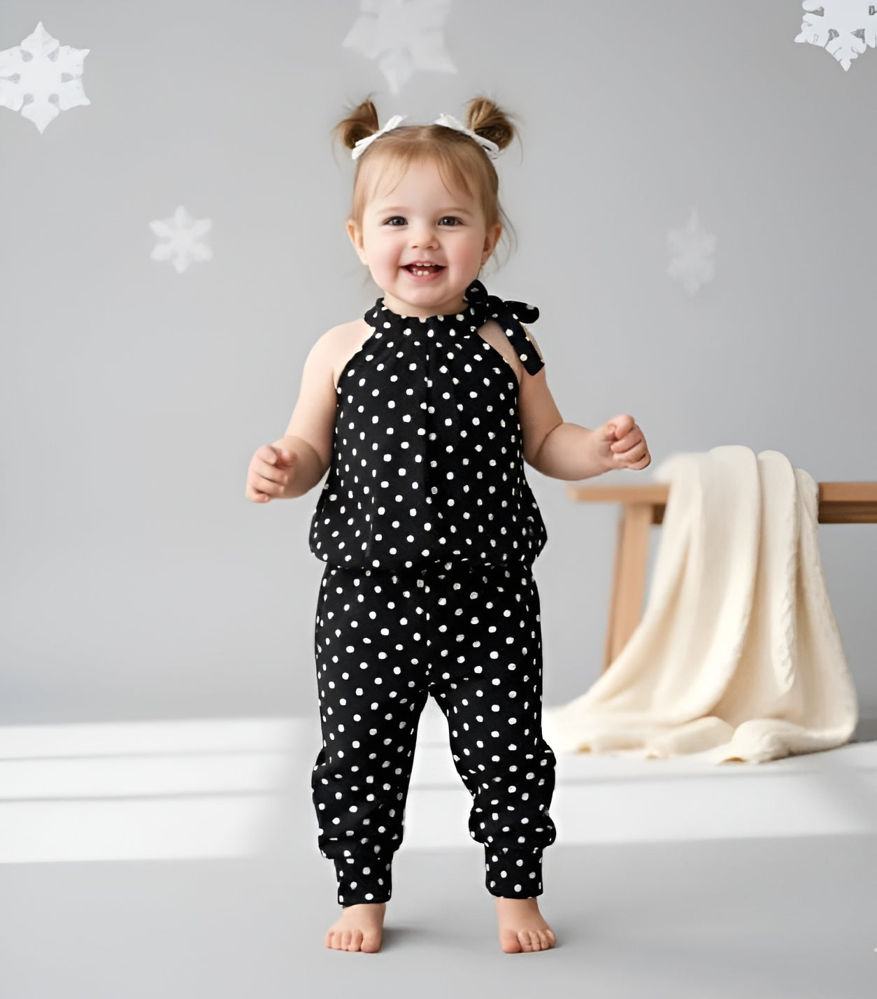 Black Polka Dots Print Kids Wear
