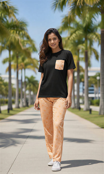 Black Palm Breeze Printed Pocket Style 2 Piece Pajama Set