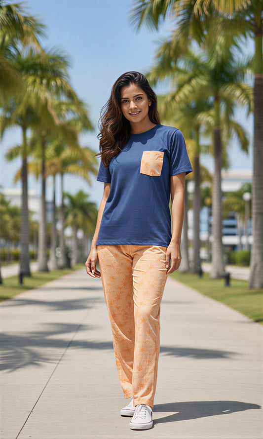 Blue Palm Breeze Printed Pocket Style 2 Piece Pajama Set