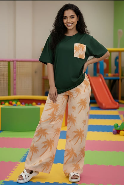 Green Palm Breeze Printed Pocket Style 2 Piece Pajama Set