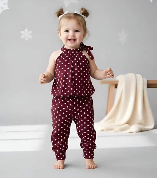 Maroon Polka Dots Print Kids Wear