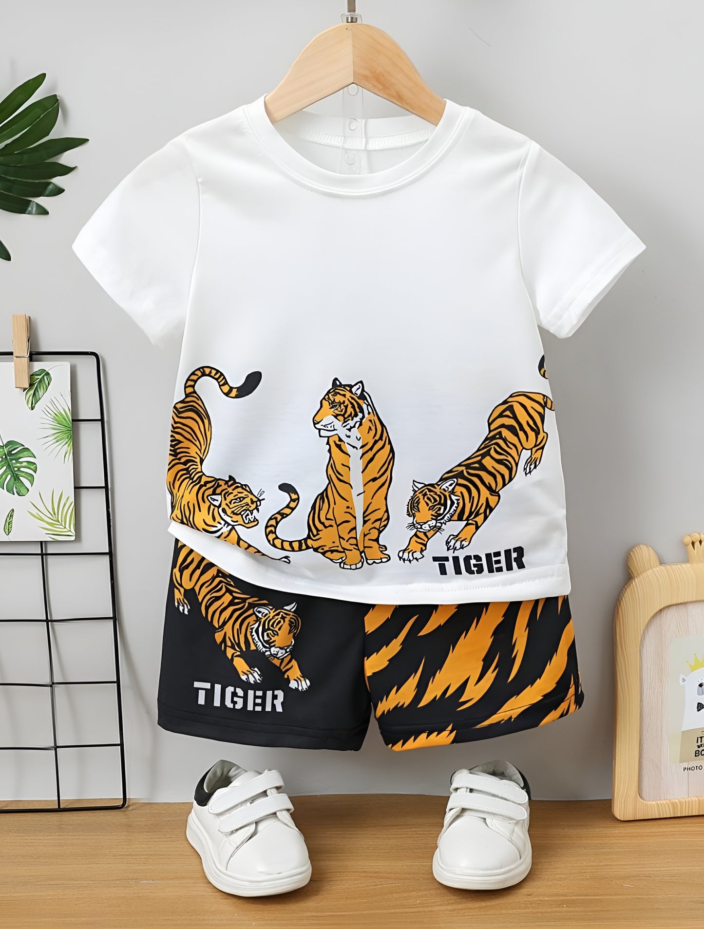 White and Black Tiger Print Short Sleeves Kids Wear