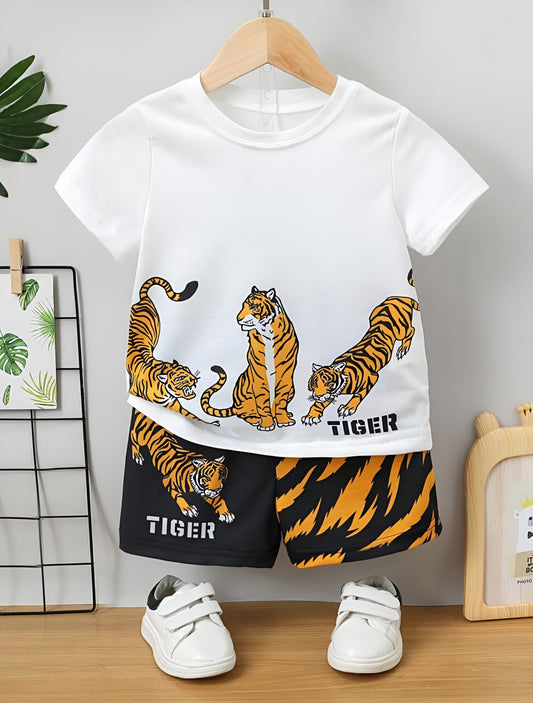White and Black Tiger Print Short Sleeves Kids Wear