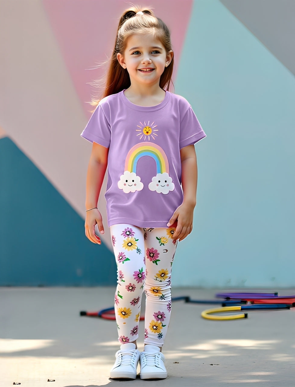 Purple Rainbow T-Shirt with Floral Print Pajama Kids wear