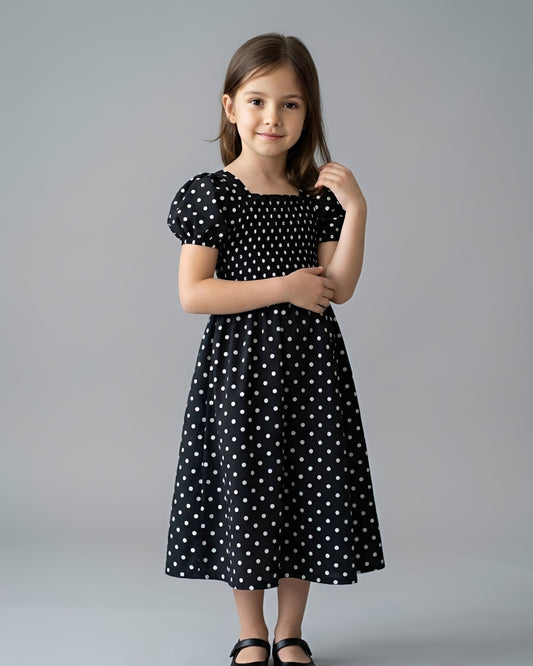 Black Polka Dots Print Frock for Girls