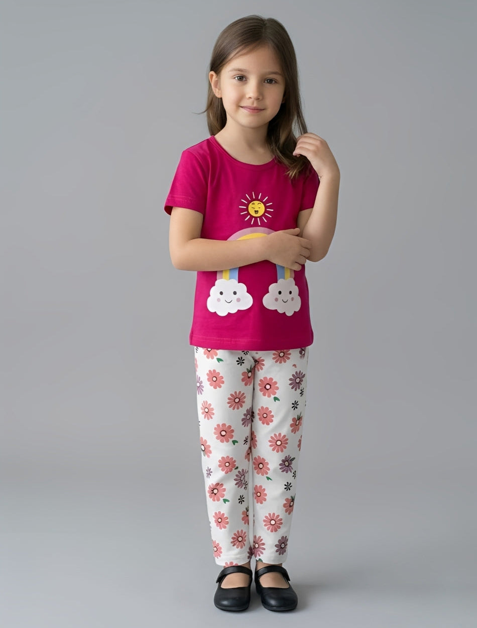 Pink Rainbow T-Shirt with Floral Print Pajama Kids wear