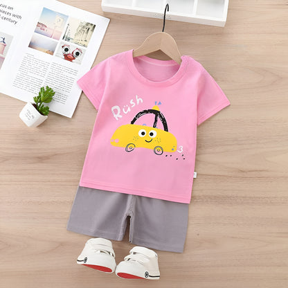 Pink Rush Car Printed Short Sleeves Kids Wear
