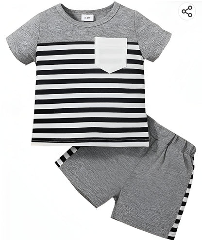Grey and Black Stripped Short Sleeves Kids Wear
