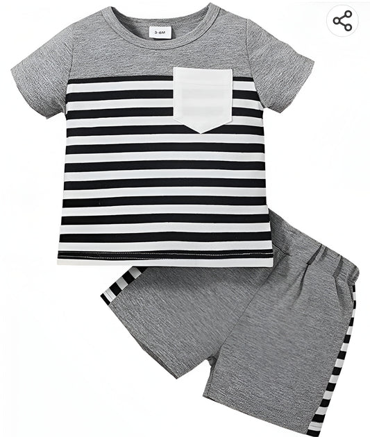 Grey and Black Stripped Short Sleeves Kids Wear
