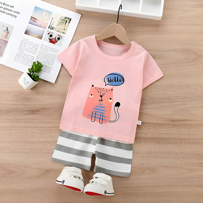 Light Pink Hello Cat Short Sleeve Kids Wear