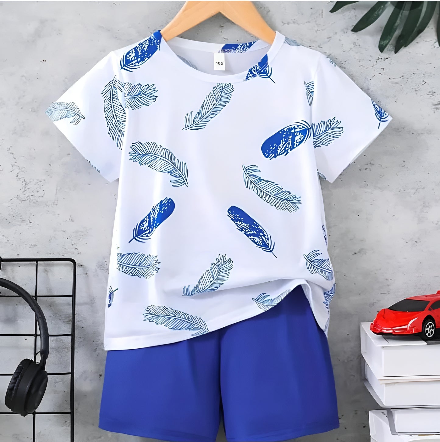 Blue Feather Short Sleeves Kids Wear