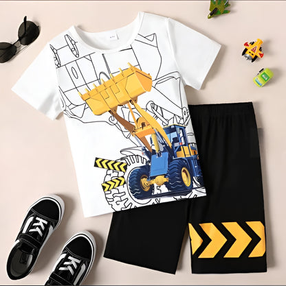 White Excavator Graphic Printed Short Sleeves Kids Wear