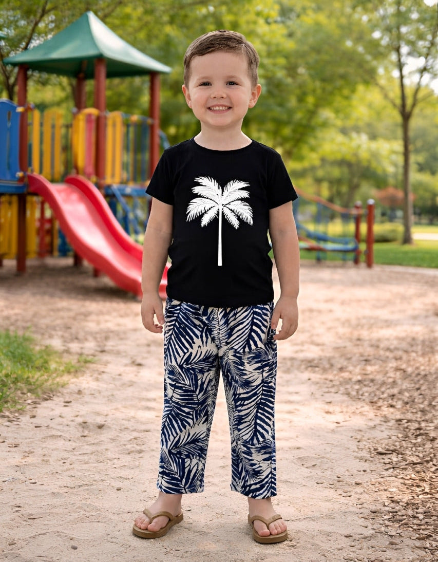 Black with White Leaf Print T-shirt and Trouser Kids Wear
