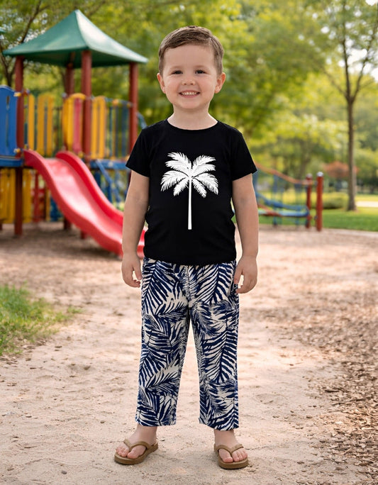 Black with White Leaf Print T-shirt and Trouser Kids Wear