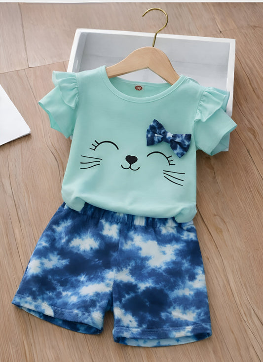 Green with Blue Bow Kitten Print Kids wear