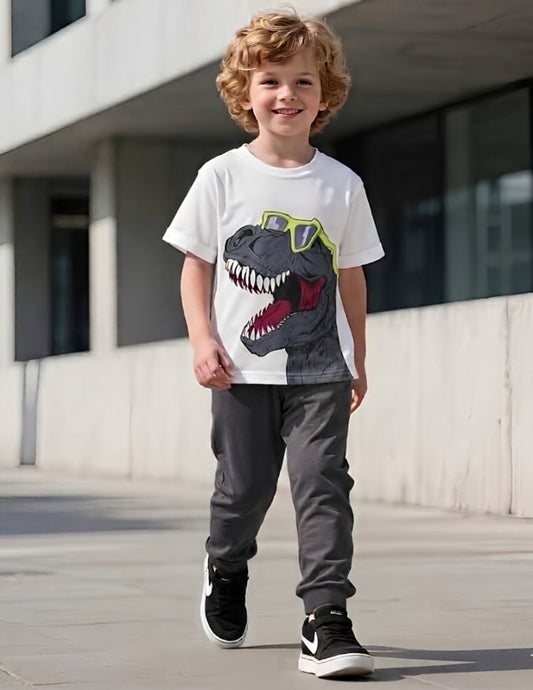 Grey and White Dinosaur Print T-shirt and Trouser Kids Wear