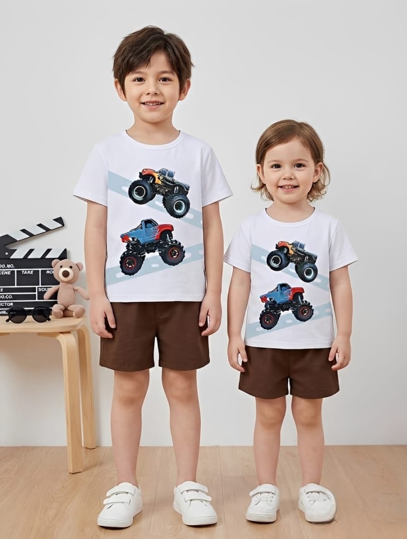 Monster Truck Print T- Shirt with Brown Shorts Kids wear