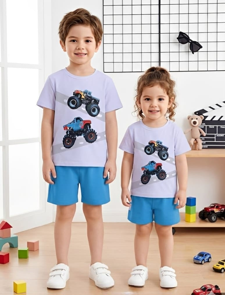 Monster Truck Print T- Shirt with Sky Blue Shorts Kids wear