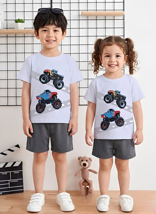 Monster Truck Print T- Shirt with Grey Shorts Kids wear