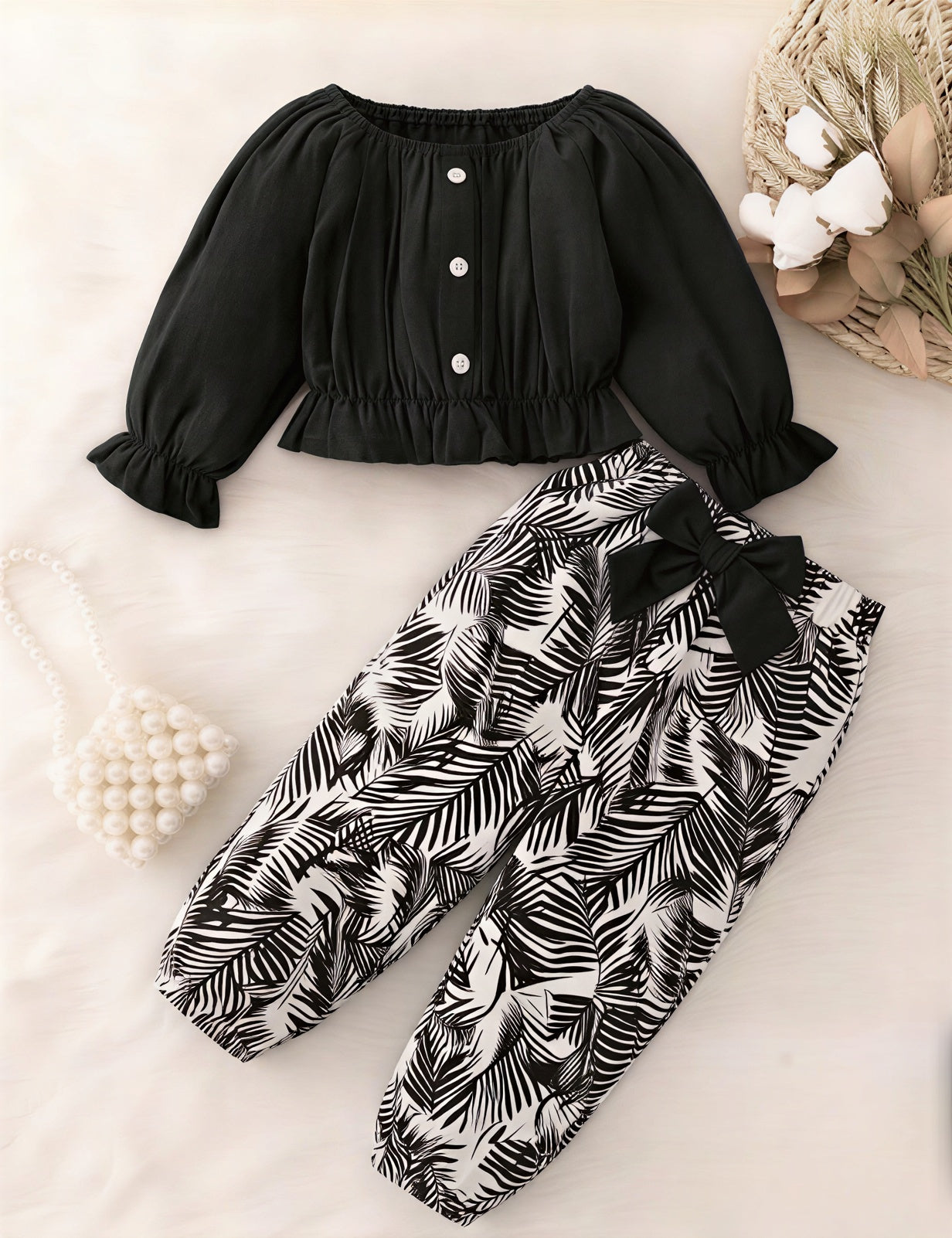 Black Puff Sleeves Top with Palm Leaf Trouser Kids Wear