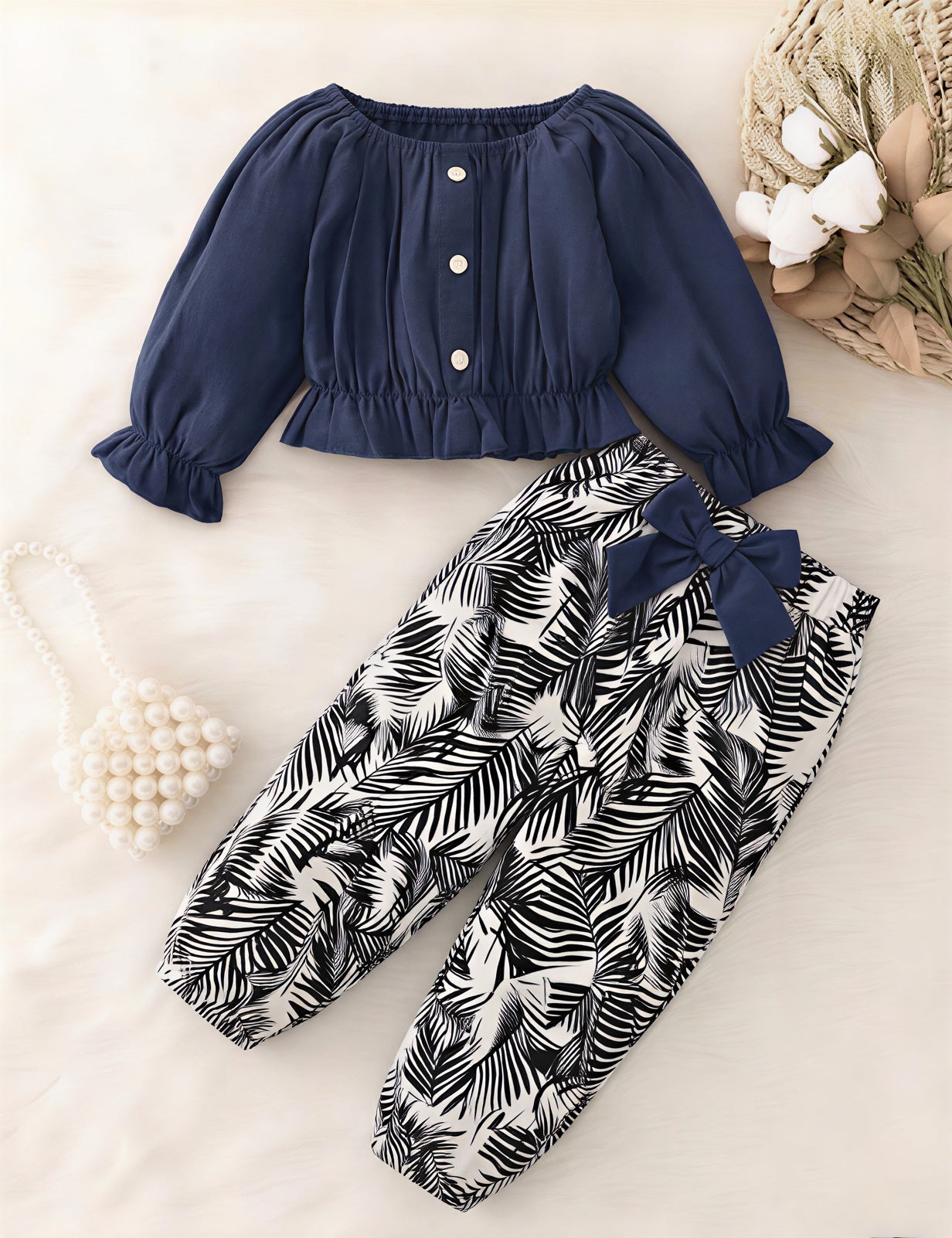 Navy Blue Puff Sleeves Top with Palm Leaf Trouser Kids Wear