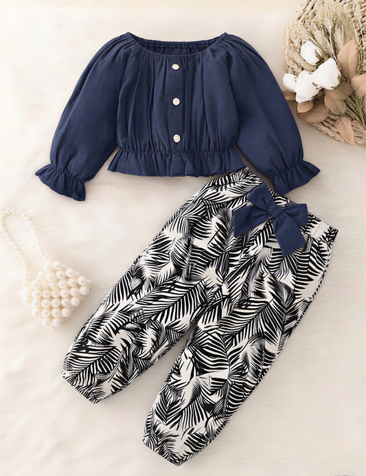 Navy Blue Puff Sleeves Top with Palm Leaf Trouser Kids Wear