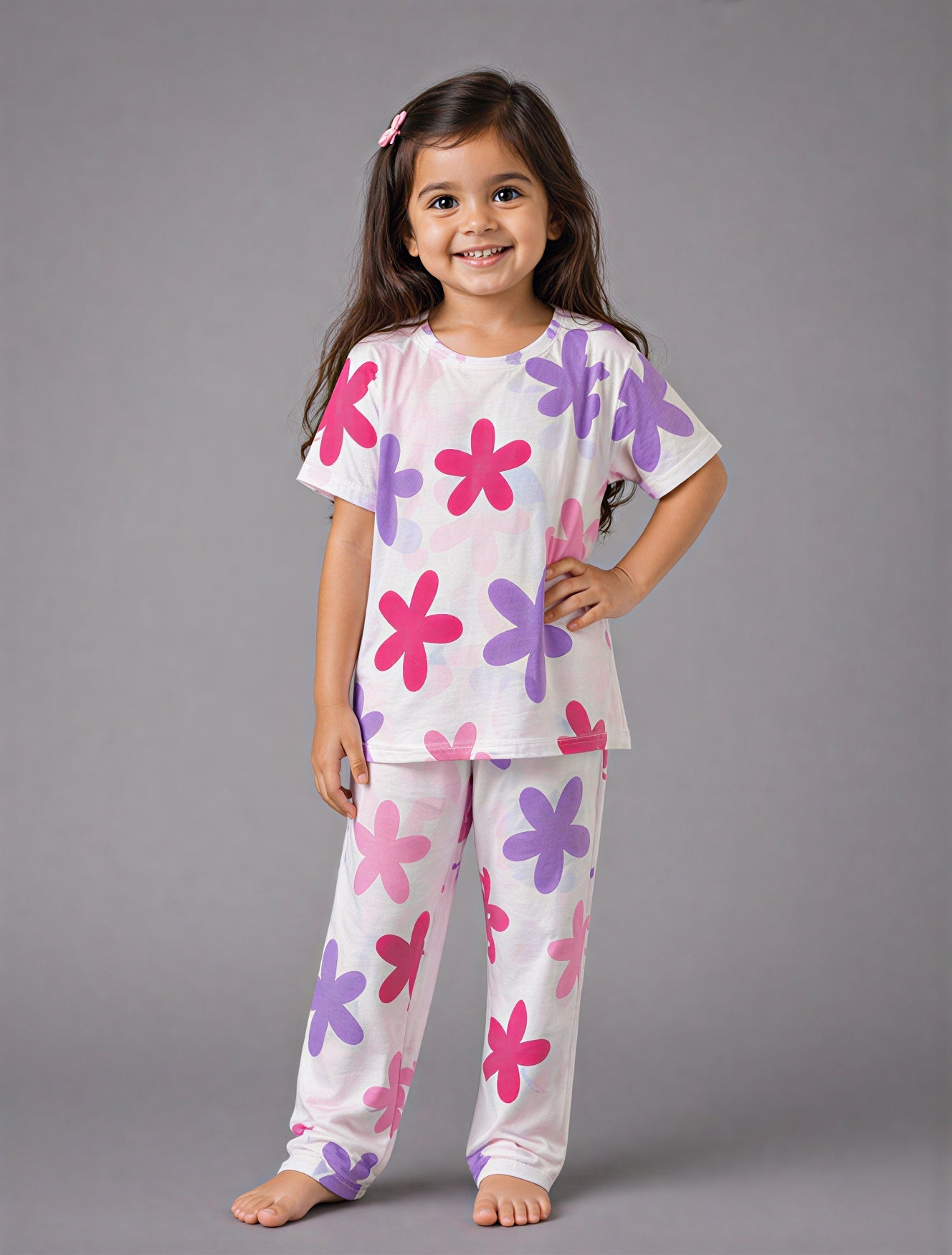 Off White Multi Pink and Purple Flowers Print Kids Wear