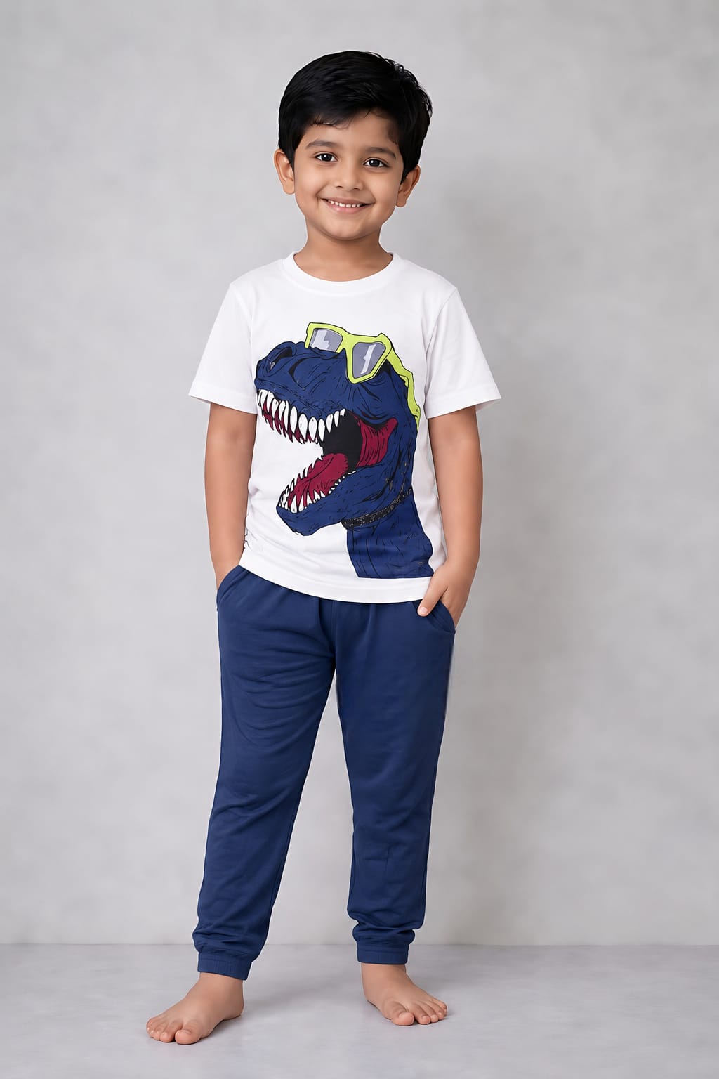 Navy Blue and White Dinosaur Print T-shirt and Trouser Kids Wear