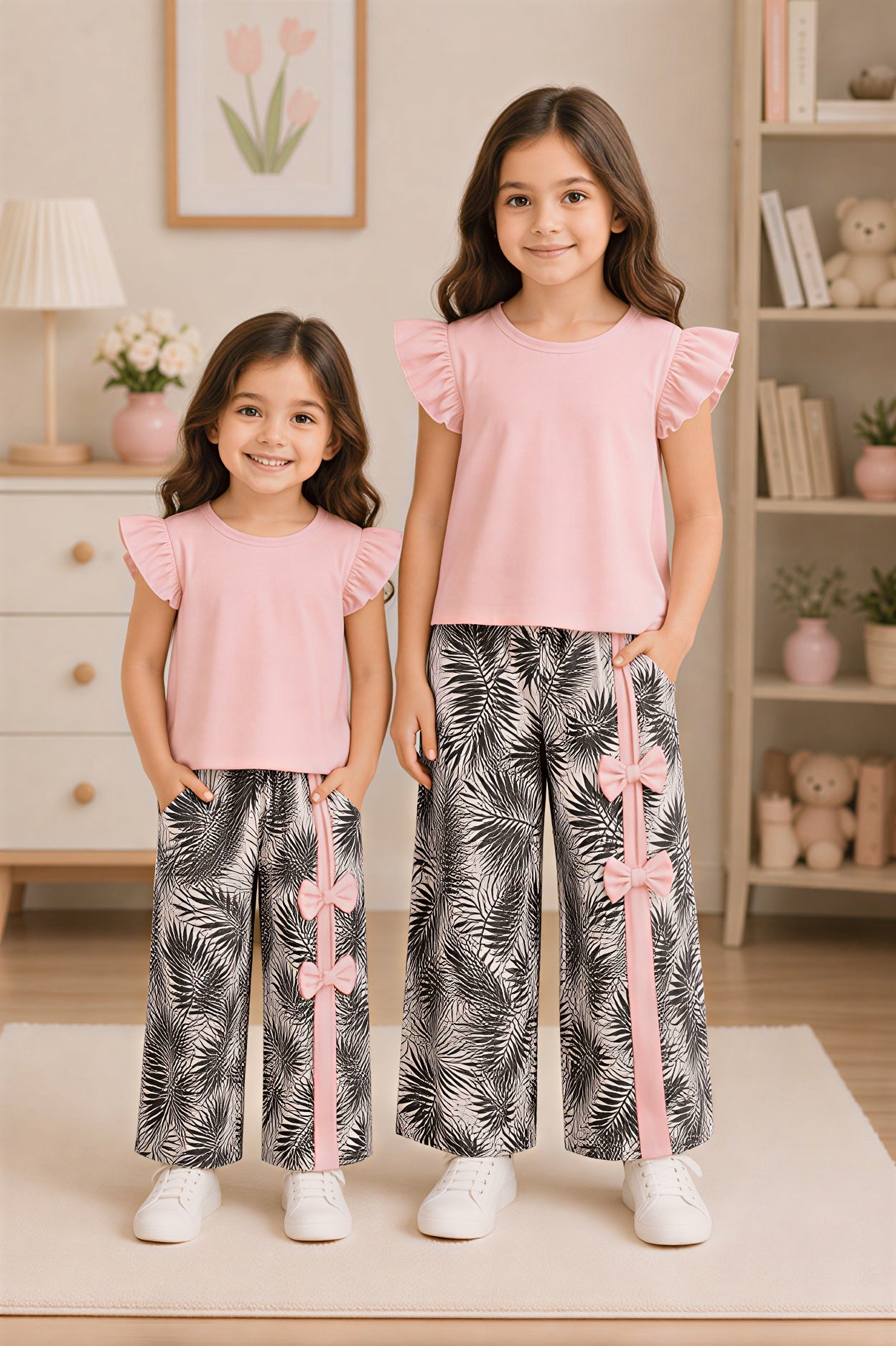 Baby Pink Ruffle sleeves Top with Side Bow Leaf Print Trouser Kids Wear