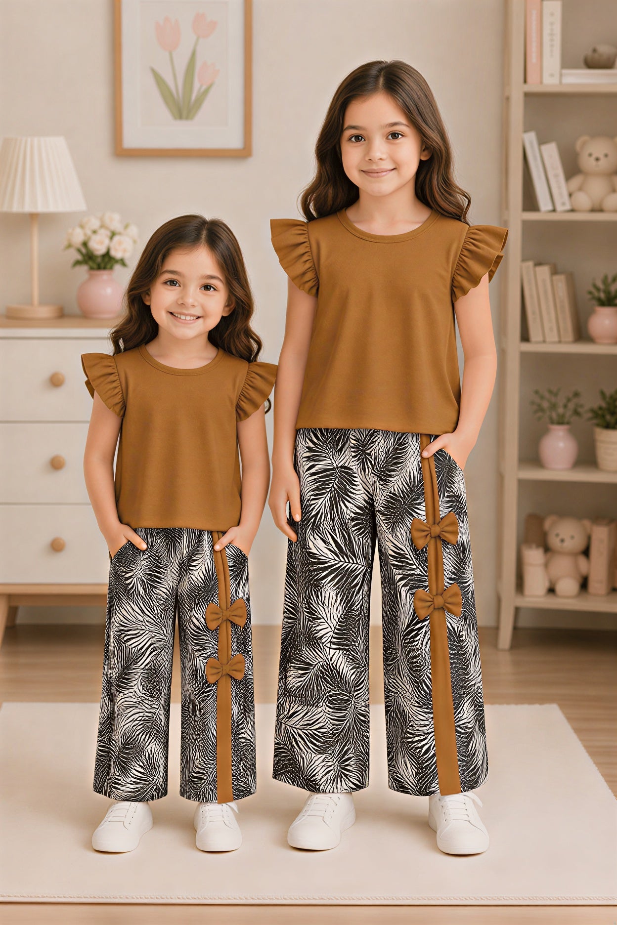 Brown Ruffle sleeves Top with Side Bow Leaf Print Trouser Kids Wear