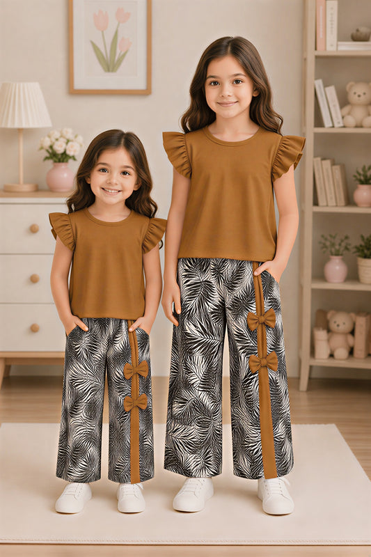 Brown Ruffle sleeves Top with Side Bow Leaf Print Trouser Kids Wear
