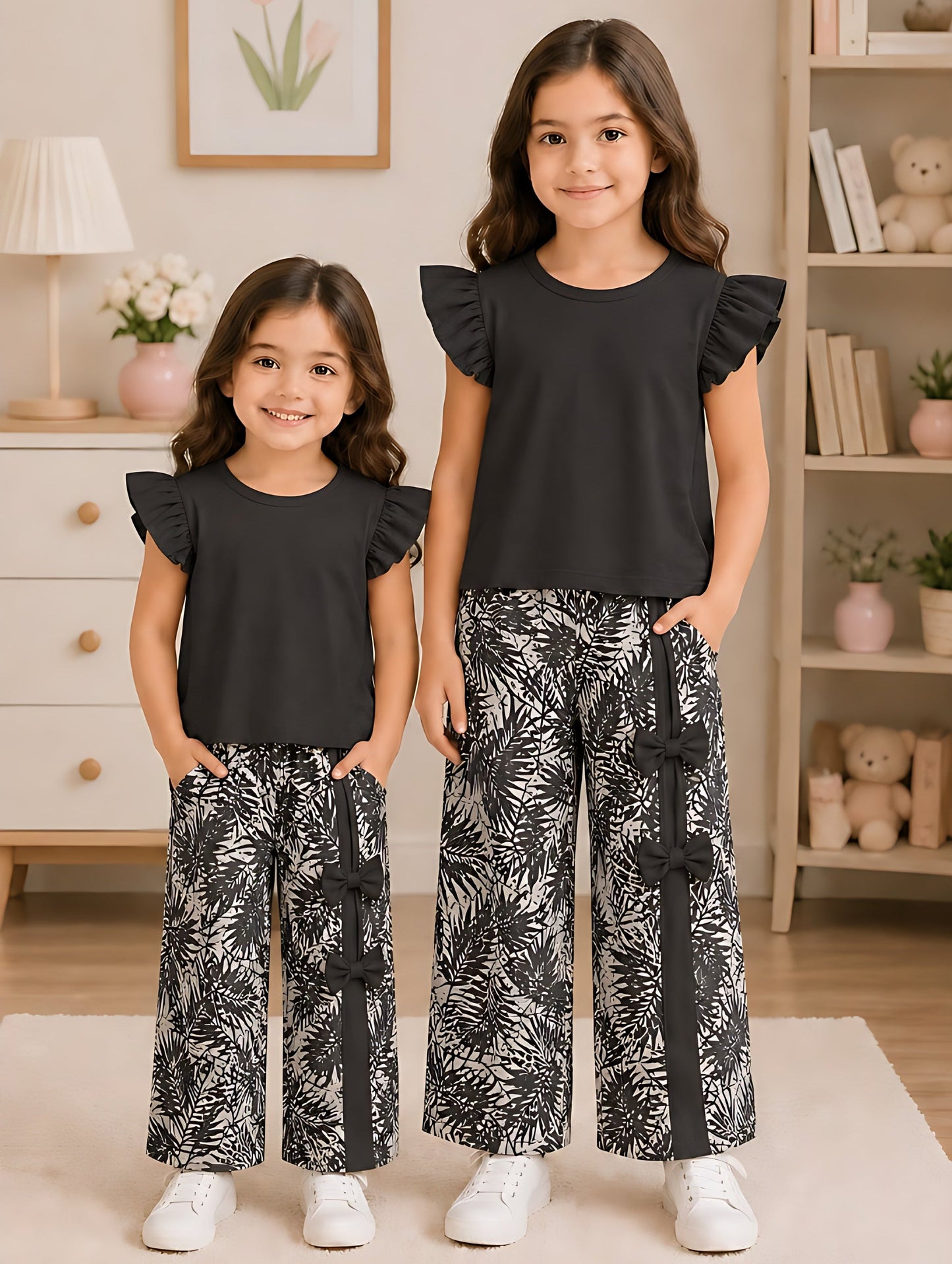Black Ruffle sleeves Top with Side Bow Leaf Print Trouser Kids Wear