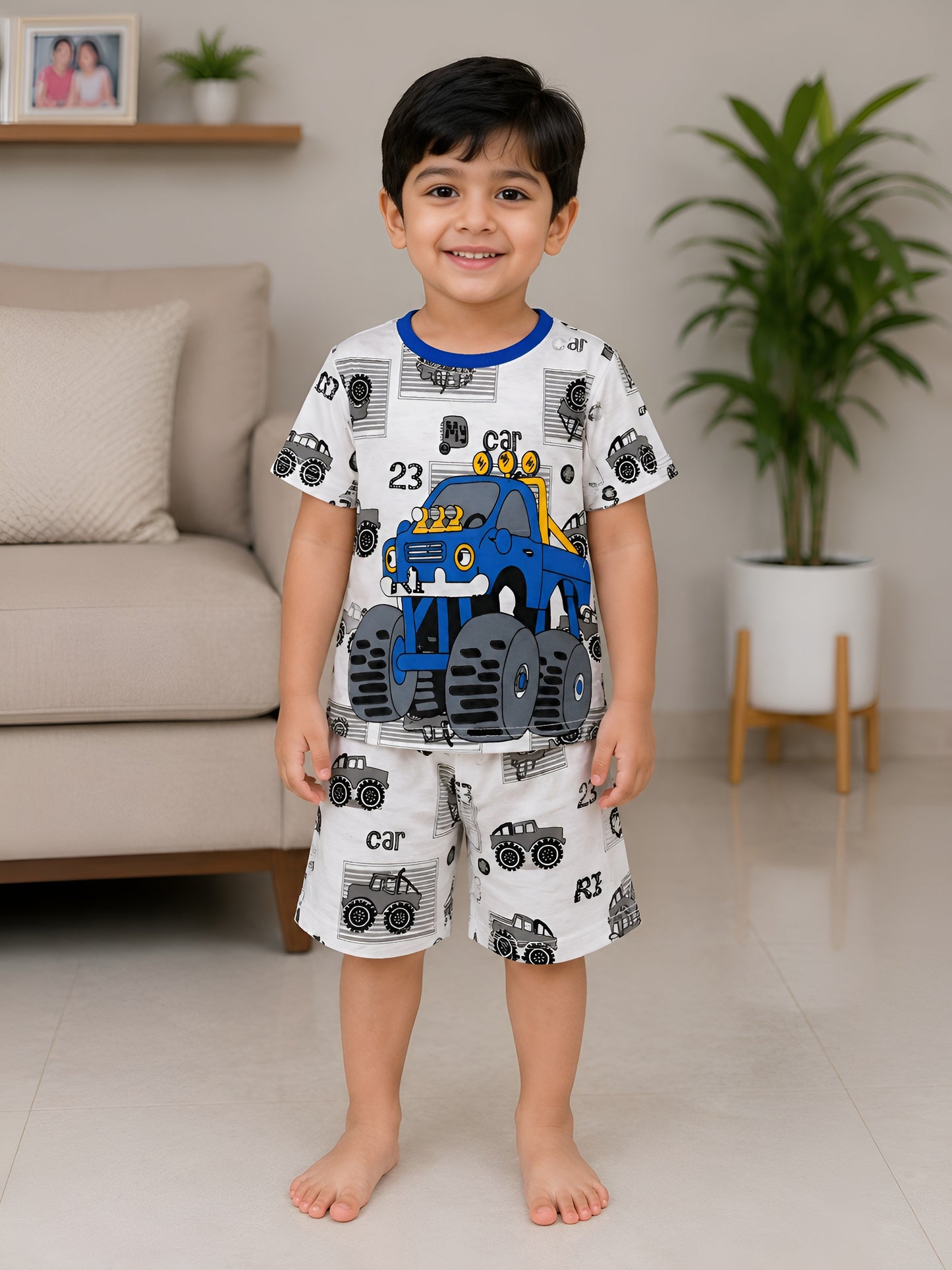 White and Blue Monster Truck Print Co ord set
