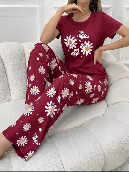 Maroon Daisy and Butterfly Printed 2 Piece Pajama Set