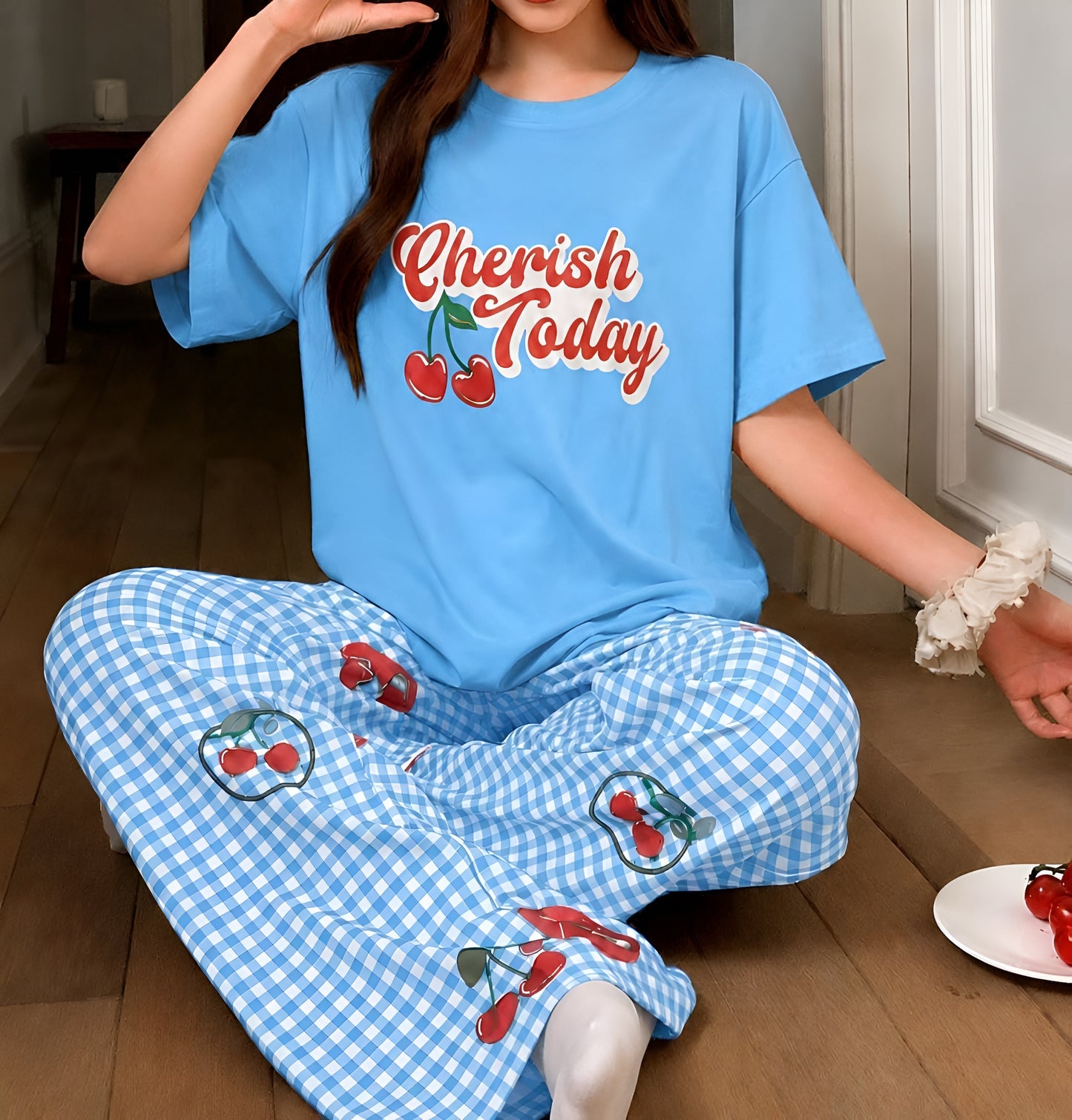 Sky Blue Cherish Today Printed 2 Piece Pajama Set