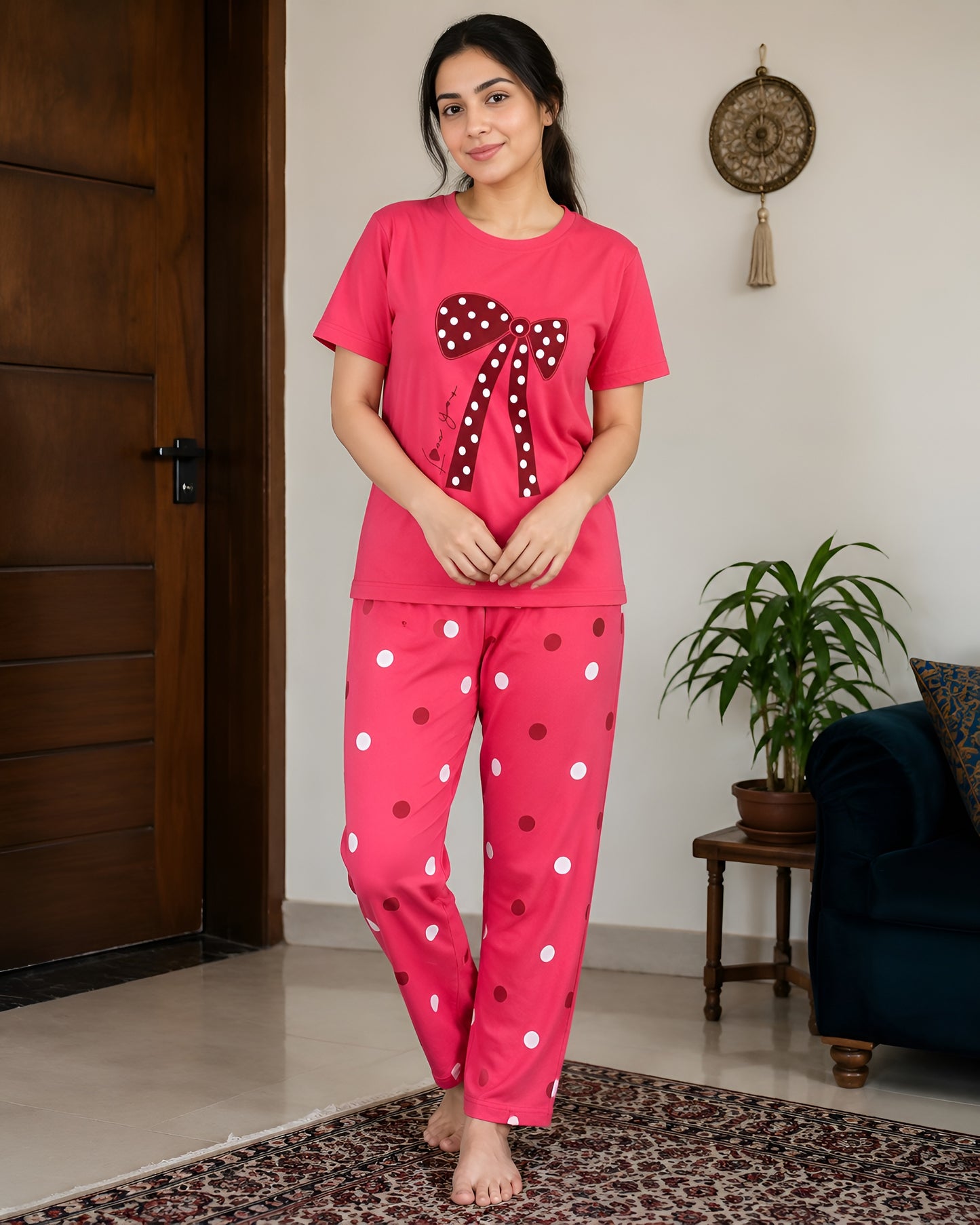 Pink Bow Dot Printed 2 Piece Pajama Set