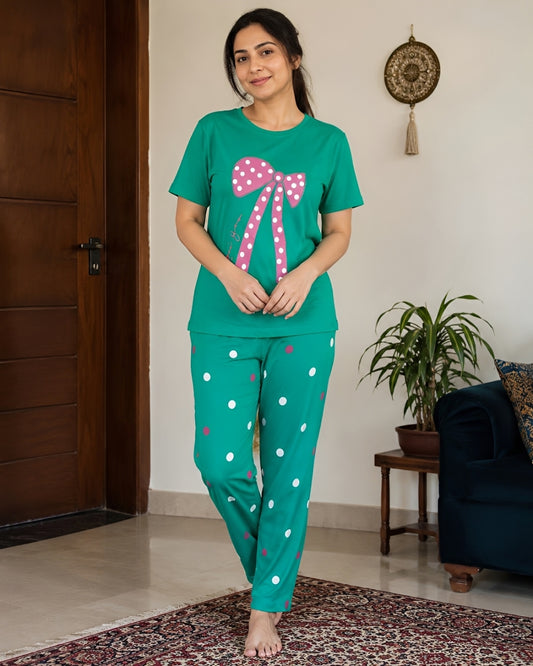Green Bow Dot Printed 2 Piece Pajama Set