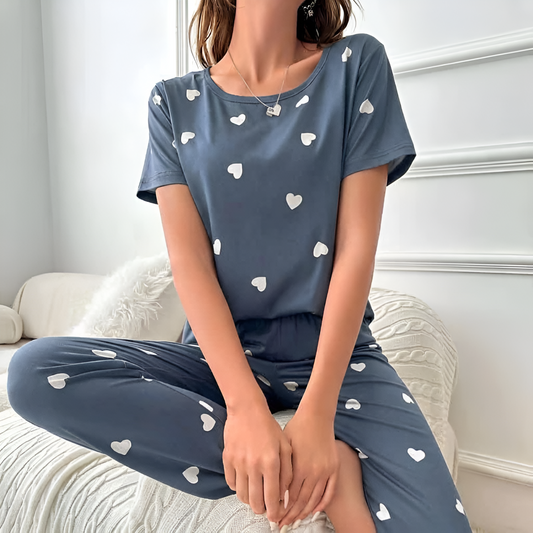 Grey Blue with White Hearts Printed 2 Piece Pajama Set