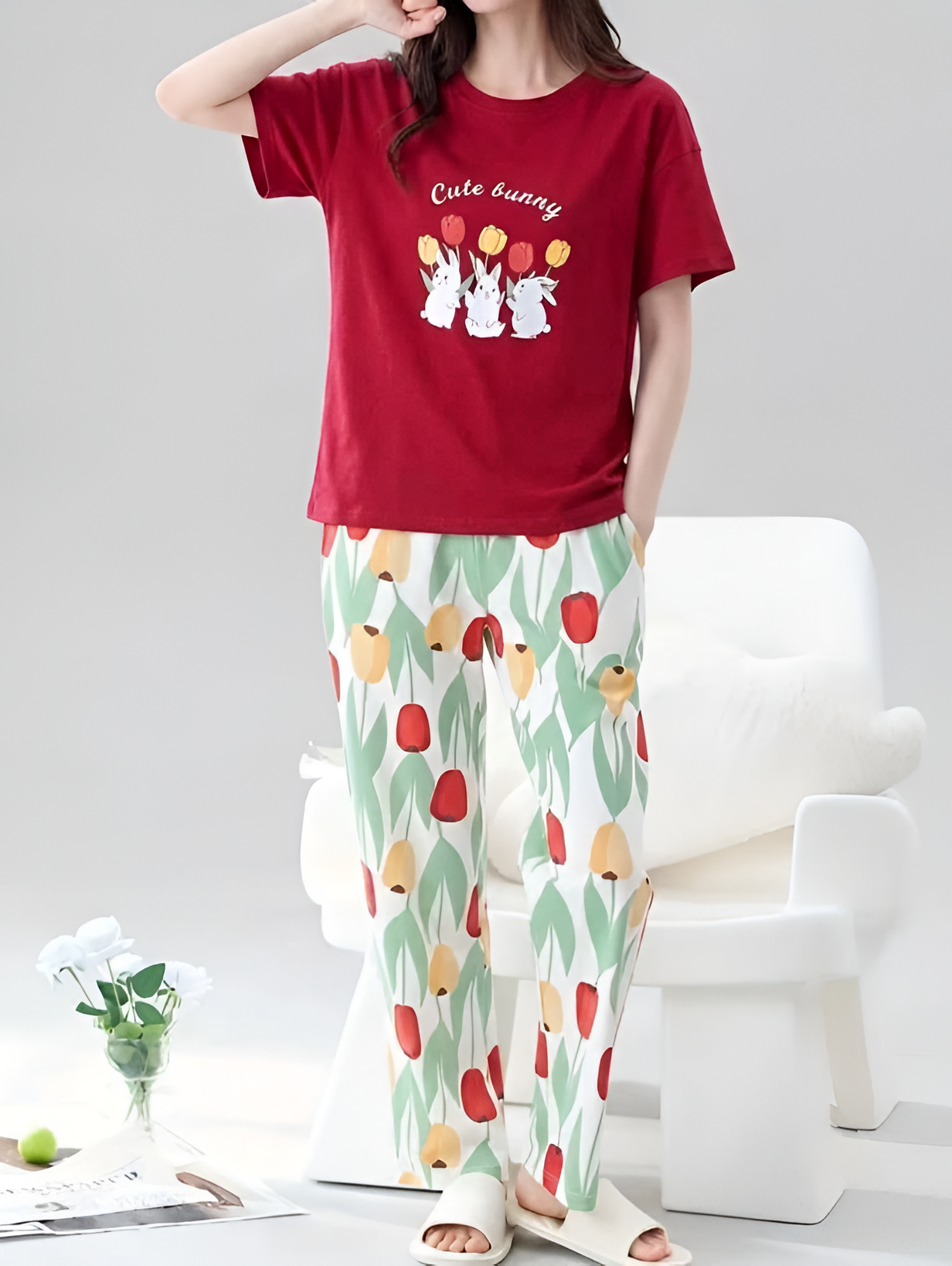 Red Cute Bunny Printed Pajama Set