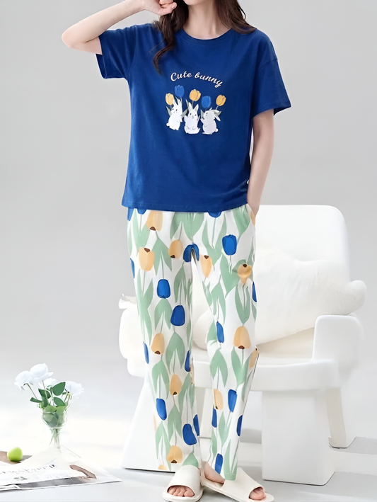 Blue Cute Bunny Printed Pajama Set