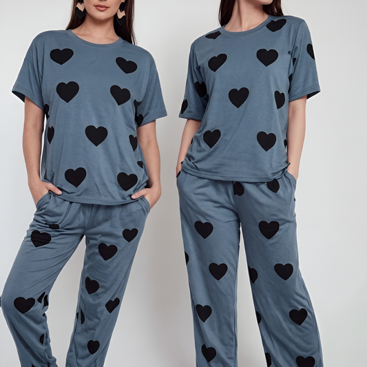 Grey with Black Hearts Printed 2 Piece Pajama Set