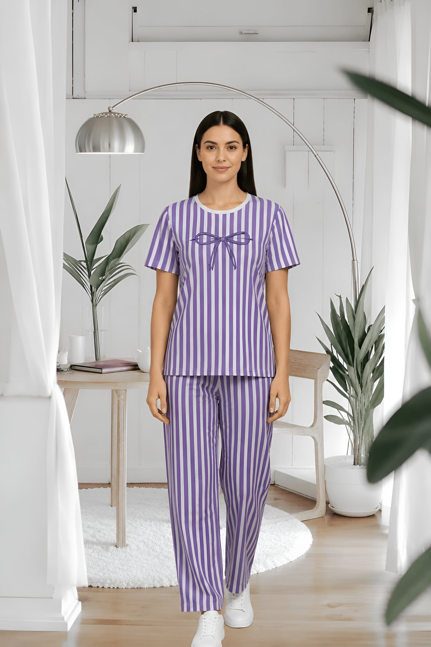 Purple Striped Bow Printed 2 Piece Pajama Set