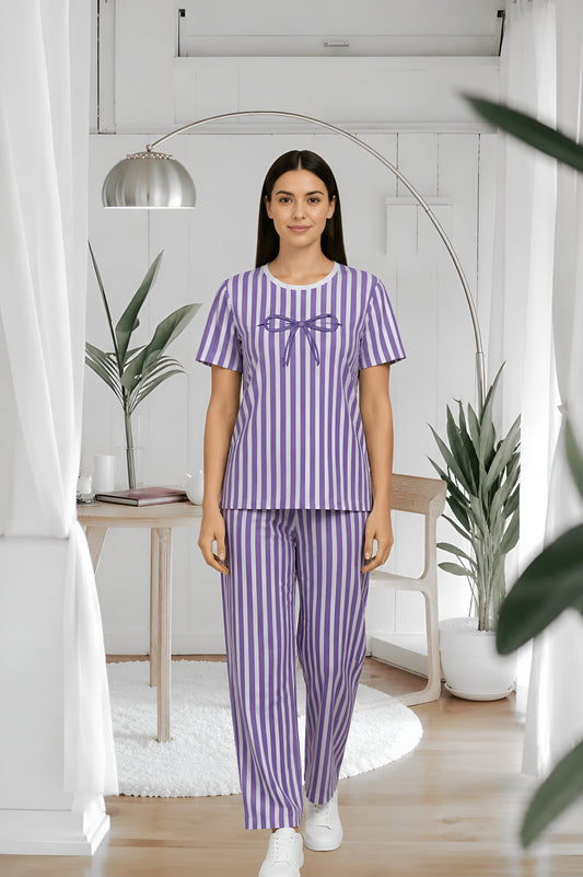 Purple Striped Bow Printed 2 Piece Pajama Set