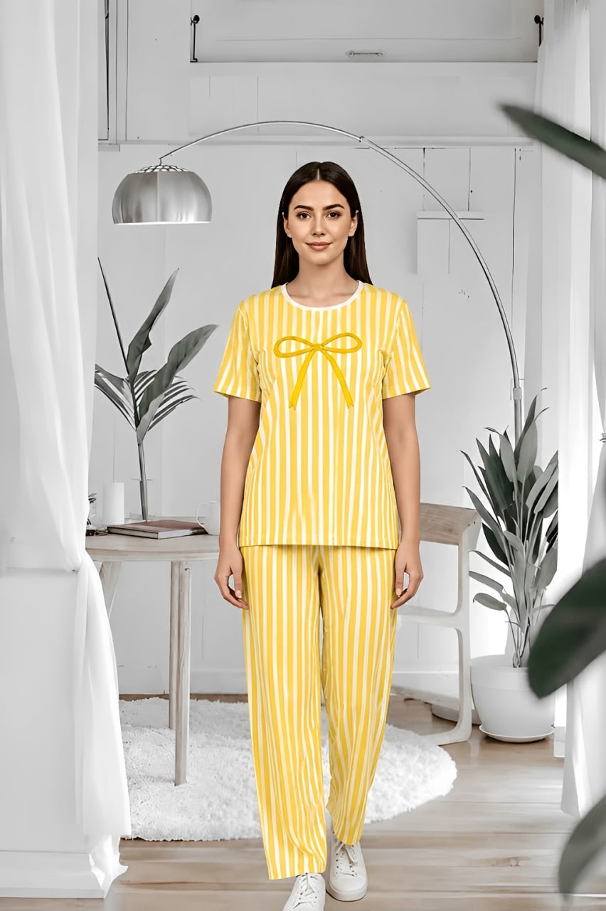 Yellow Striped Bow Printed 2 Piece Pajama Set