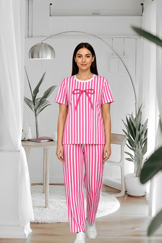 Pink Striped Bow Printed 2 Piece Pajama Set