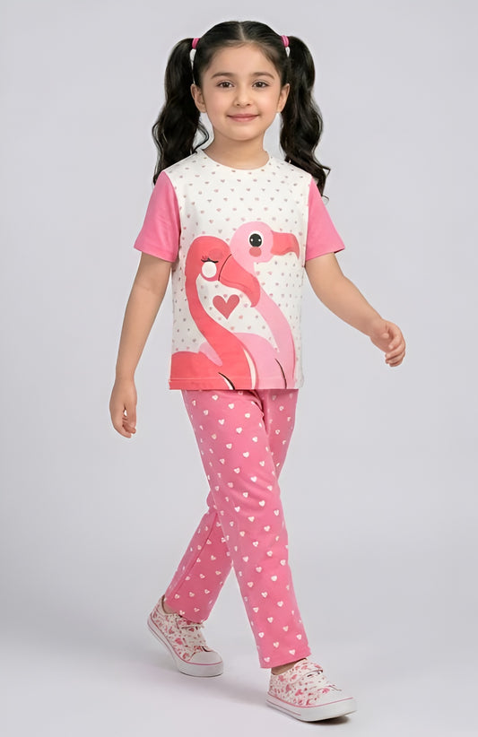Flamingo Heart Print Top and Flared Pant Kids wear
